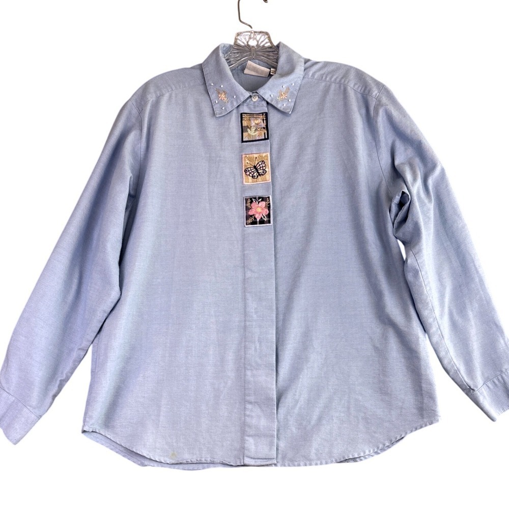 Koret Shirt M Blue Button Down Embroidered Floral Butterfly Embellished Cottage